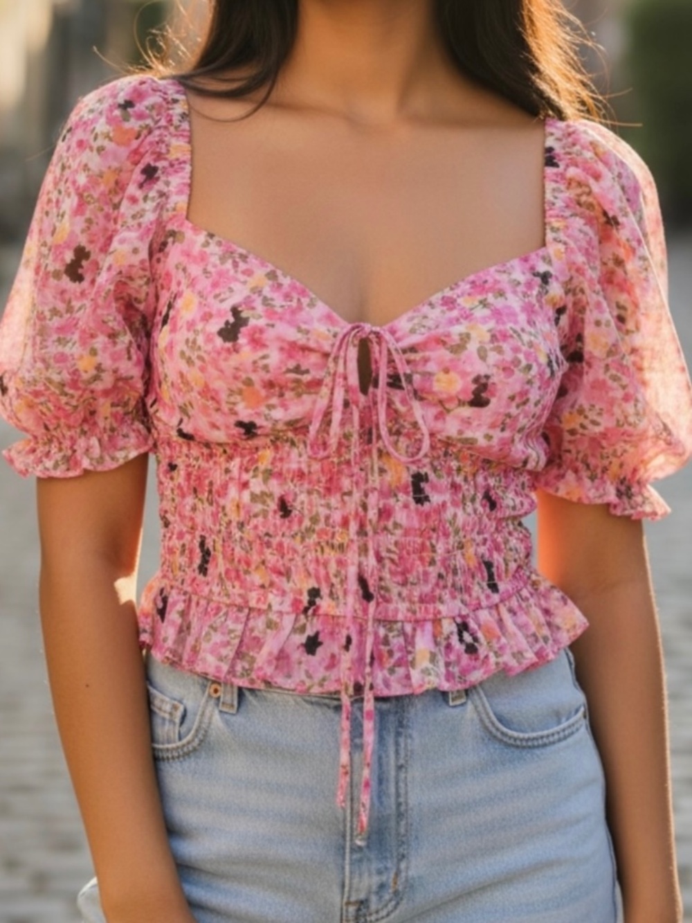 New ASTR The Label Top Pink Magenta Floral Crop Blouse